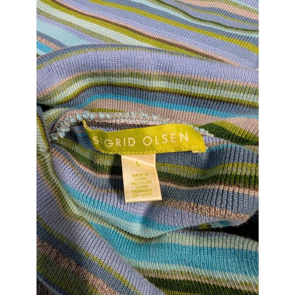 Ingrid Olsen Striped Knit Turtleneck Sweater Large Blue Green Ribbed Fringe Trim - Picture 7 of 9